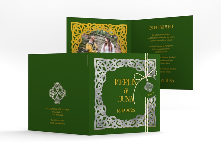 Hochzeitseinladung Celtic quadr. Klappkarte gruen silber mit keltischem Knoten in irischen Farben