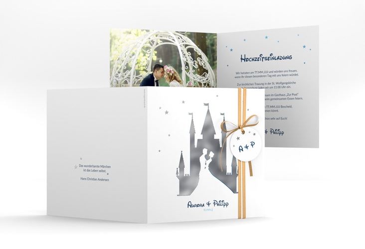 Hochzeitseinladung Castle quadr. Klappkarte blau silber