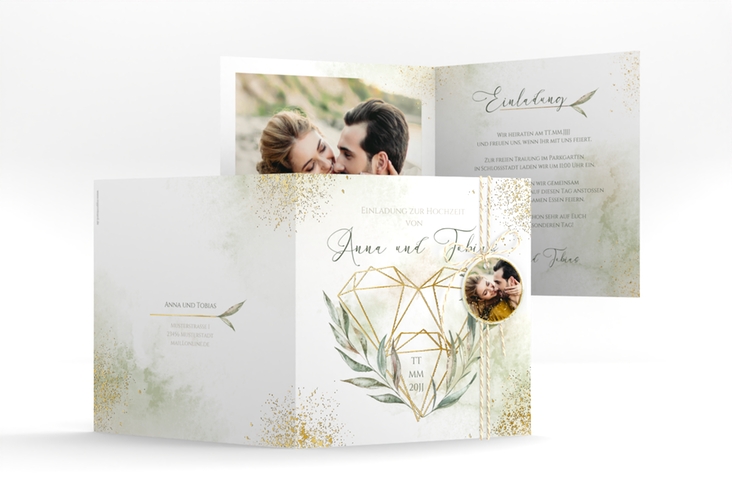 Hochzeitseinladung Heartfelt quadr. Klappkarte weiss gold mit Diamanten im Geometric Design