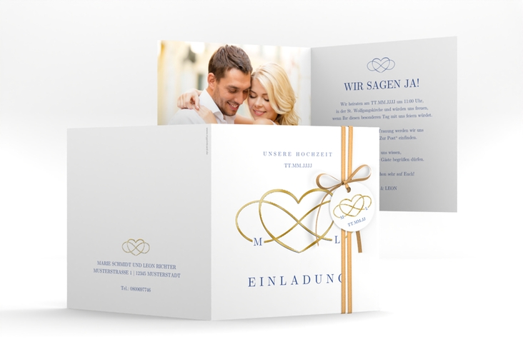 Hochzeitseinladung Infinity quadr. Klappkarte blau gold