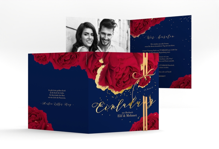 Hochzeitseinladung Cherie quadr. Klappkarte blau gold