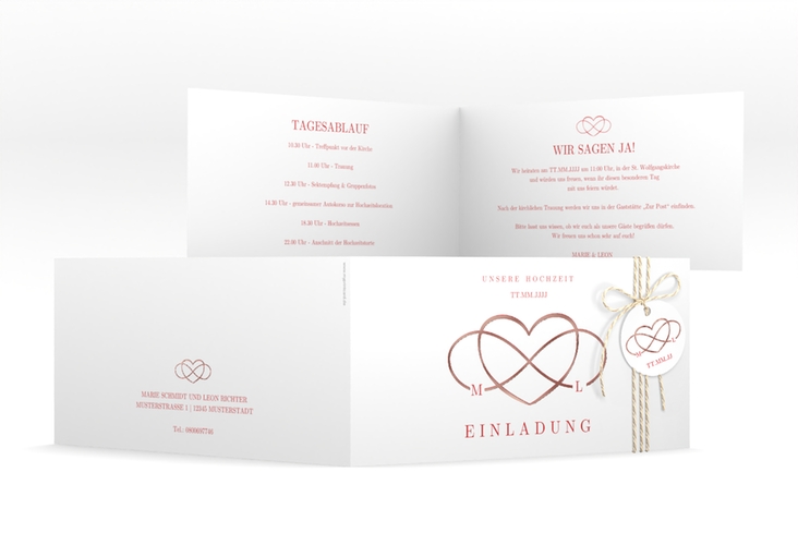 Hochzeitseinladung Infinity lange Klappkarte quer rot rosegold