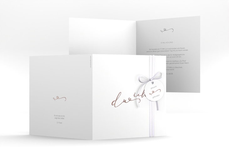 Hochzeitseinladung Zweisamkeit quadr. Klappkarte weiss rosegold im minimalistischen Stil mit Aufschrift du & ich