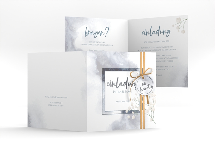 Hochzeitseinladung Winter quadr. Klappkarte blau silber mit Schleierkraut