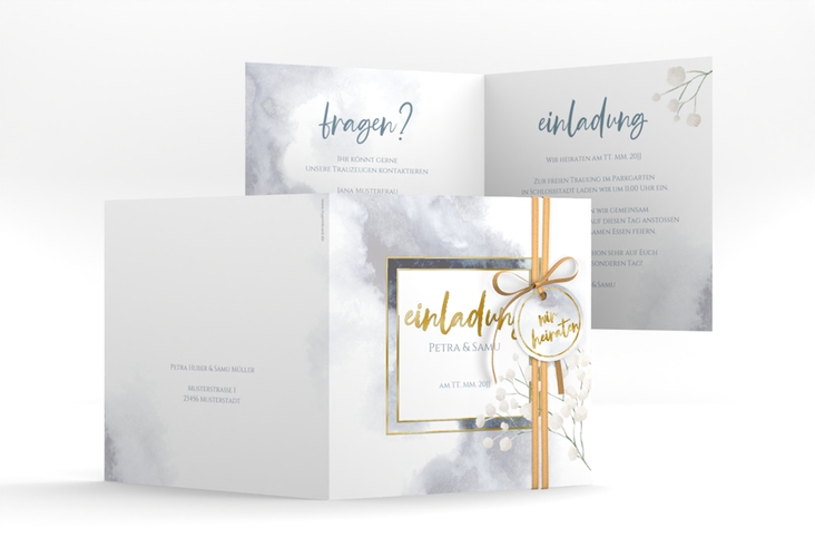 Hochzeitseinladung Winter quadr. Klappkarte blau gold mit Schleierkraut