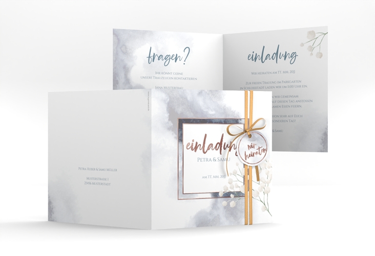 Hochzeitseinladung Winter quadr. Klappkarte blau rosegold mit Schleierkraut