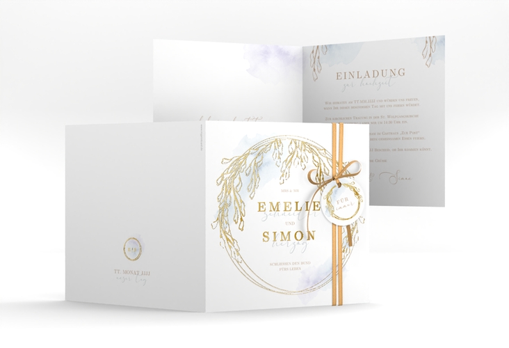 Hochzeitseinladung Wisteria quadr. Klappkarte blau gold mit Blumenbogen aus Blauregen