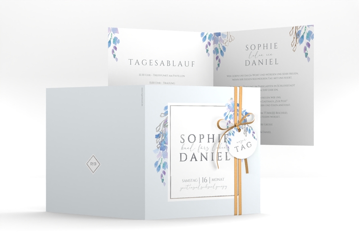 Hochzeitseinladung Blauregen quadr. Klappkarte blau silber mit Wisteria-Blüten