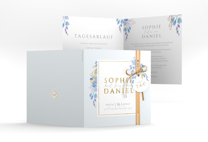 Hochzeitseinladung Blauregen quadr. Klappkarte blau gold mit Wisteria-Blüten
