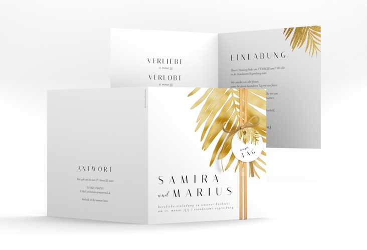 Hochzeitseinladung Palmenblatt quadr. Klappkarte gold gold mit Palmenwedel
