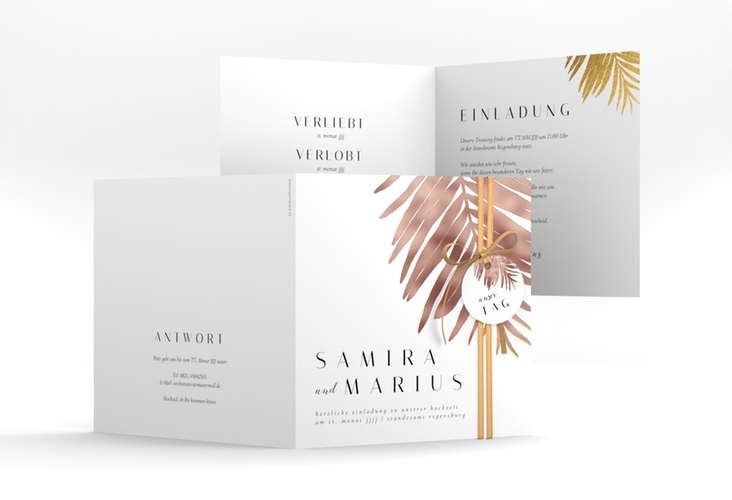 Hochzeitseinladung Palmenblatt quadr. Klappkarte gold rosegold mit Palmenwedel