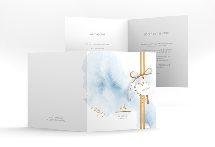Hochzeitseinladung Pastell quadr. Klappkarte blau gold