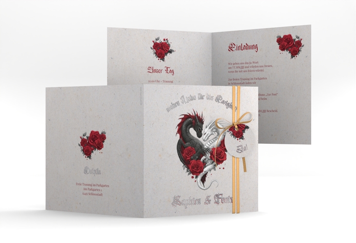 Hochzeitseinladung Drachenliebe quadr. Klappkarte grau silber