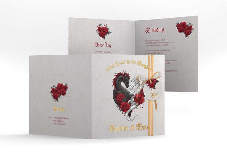 Hochzeitseinladung Drachenliebe quadr. Klappkarte grau gold