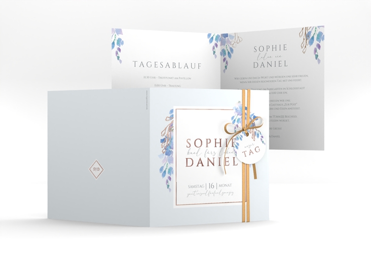Hochzeitseinladung Blauregen quadr. Klappkarte blau rosegold mit Wisteria-Blüten