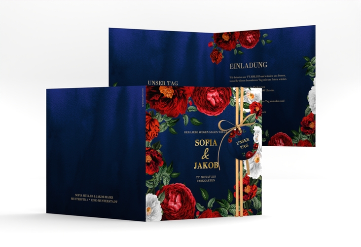 Einladungskarte Hochzeit Florista quadr. Klappkarte blau gold