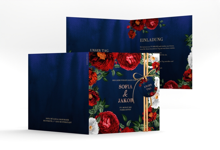 Einladungskarte Hochzeit Florista quadr. Klappkarte blau rosegold
