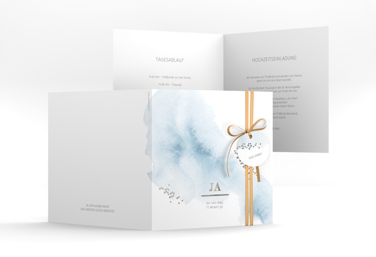 Hochzeitseinladung Pastell quadr. Klappkarte blau silber