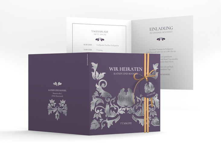 Hochzeitseinladung Royal quadr. Klappkarte lila silber mit barockem Blumen-Ornament