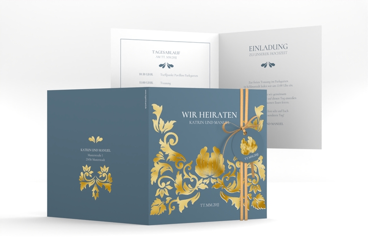 Hochzeitseinladung Royal quadr. Klappkarte blau gold mit barockem Blumen-Ornament