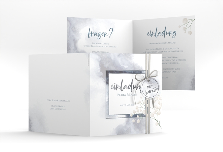 Hochzeitseinladung Winter quadr. Klappkarte blau silber mit Schleierkraut