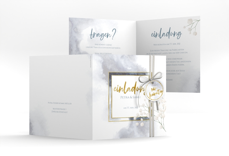 Hochzeitseinladung Winter quadr. Klappkarte blau gold mit Schleierkraut