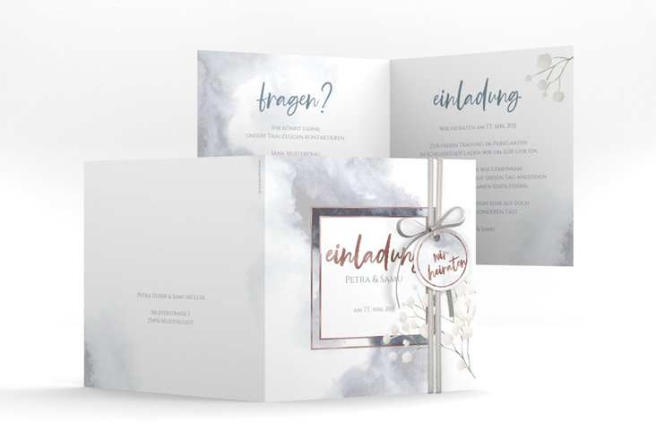 Hochzeitseinladung Winter quadr. Klappkarte blau rosegold mit Schleierkraut