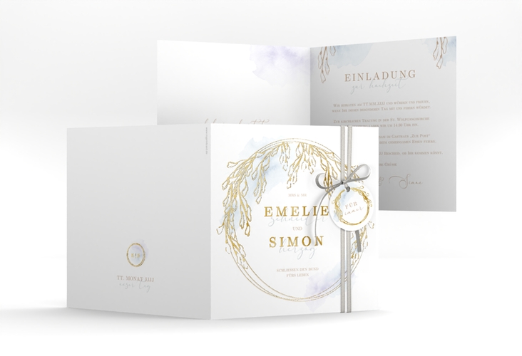 Hochzeitseinladung Wisteria quadr. Klappkarte blau gold mit Blumenbogen aus Blauregen
