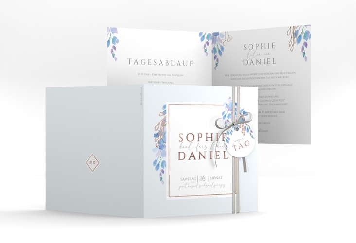 Hochzeitseinladung Blauregen quadr. Klappkarte blau rosegold mit Wisteria-Blüten