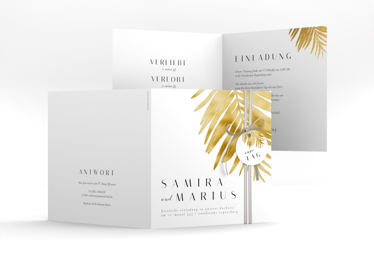 Hochzeitseinladung Palmenblatt quadr. Klappkarte gold gold mit Palmenwedel