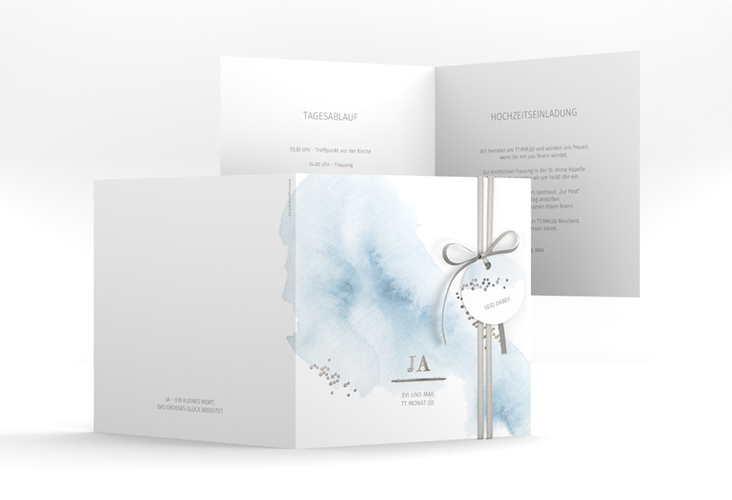 Hochzeitseinladung Pastell quadr. Klappkarte blau silber