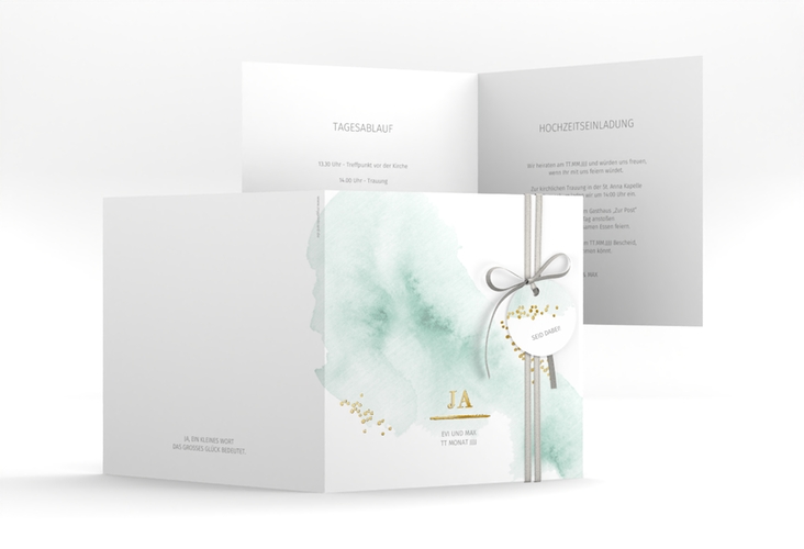 Hochzeitseinladung Pastell quadr. Klappkarte mint gold