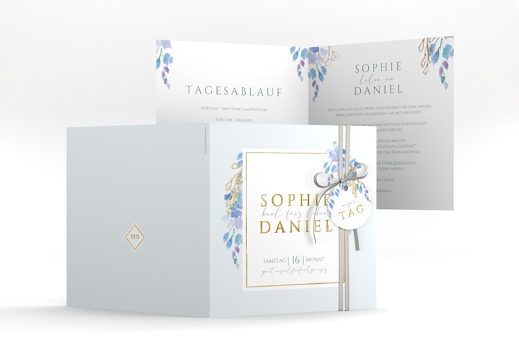 Hochzeitseinladung Blauregen quadr. Klappkarte blau gold mit Wisteria-Blüten