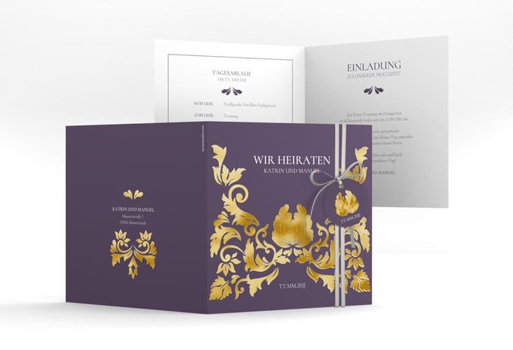 Hochzeitseinladung Royal quadr. Klappkarte lila gold mit barockem Blumen-Ornament
