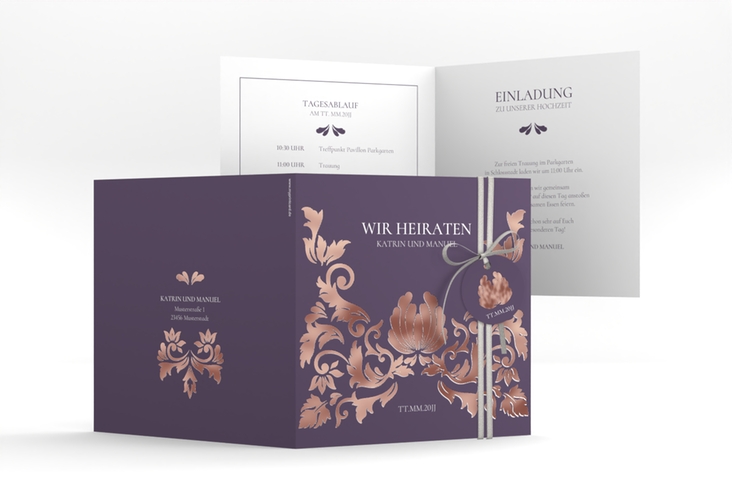 Hochzeitseinladung Royal quadr. Klappkarte lila rosegold mit barockem Blumen-Ornament