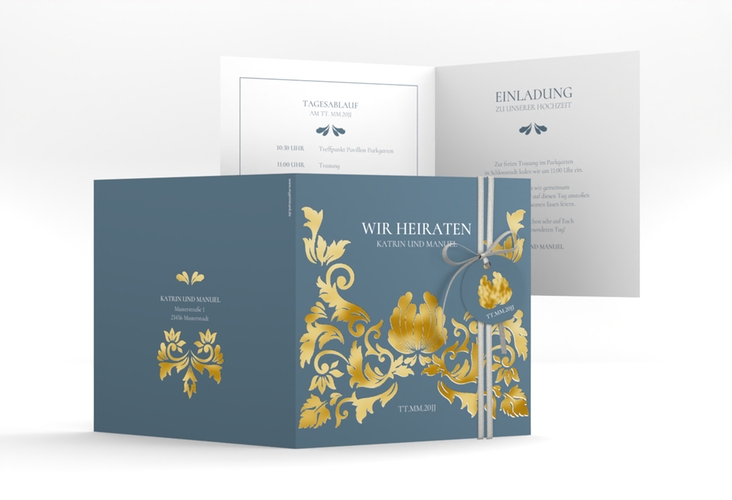 Hochzeitseinladung Royal quadr. Klappkarte blau gold mit barockem Blumen-Ornament