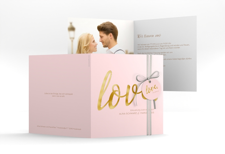 Hochzeitseinladung Glam quadr. Klappkarte rosa gold