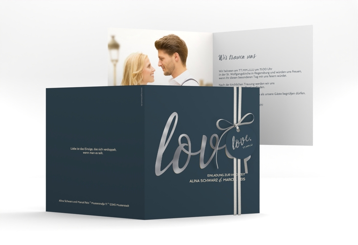 Hochzeitseinladung Glam quadr. Klappkarte blau silber