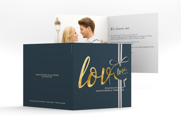Hochzeitseinladung Glam quadr. Klappkarte blau gold
