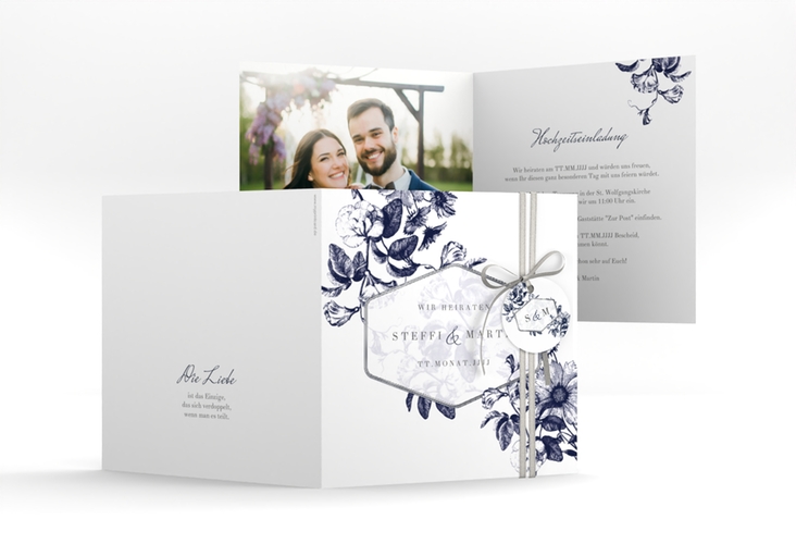 Hochzeitseinladung Magnificent quadr. Klappkarte blau silber