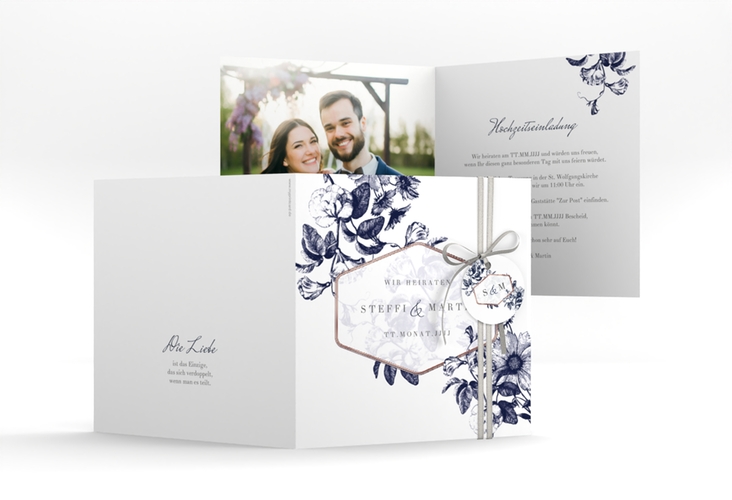 Hochzeitseinladung Magnificent quadr. Klappkarte blau rosegold
