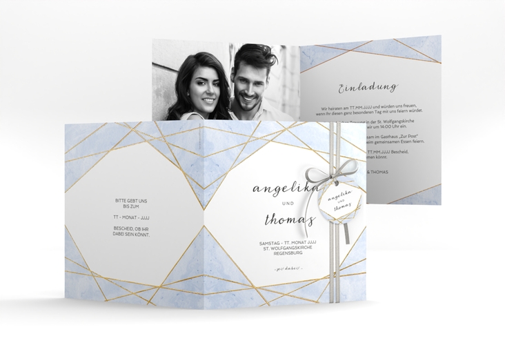 Hochzeitseinladung Asymmetry quadr. Klappkarte blau gold