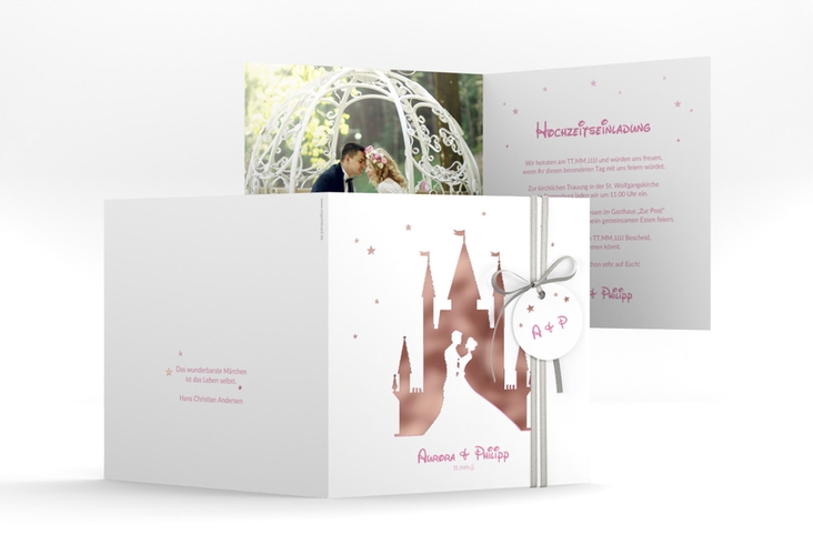 Hochzeitseinladung Castle quadr. Klappkarte rosa rosegold