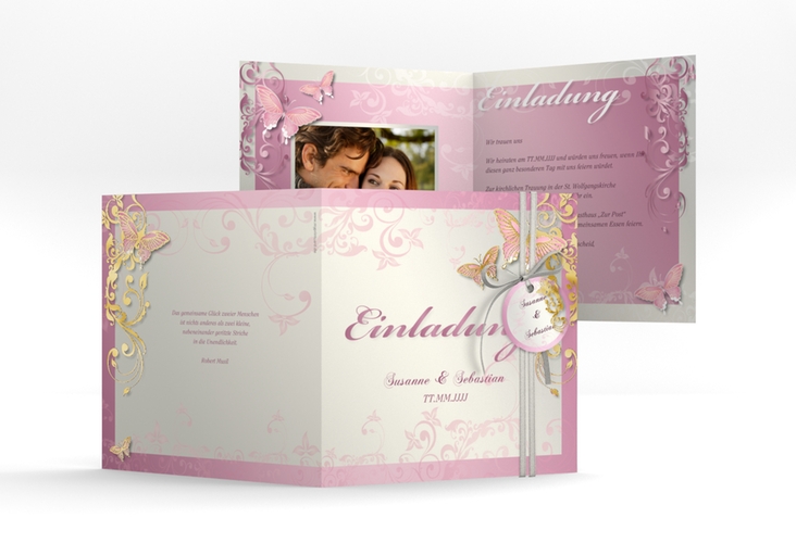 Hochzeitseinladung Toulouse quadr. Klappkarte rosa gold romantisch mit Schmetterlingen