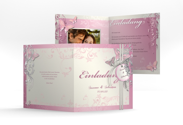 Hochzeitseinladung Toulouse quadr. Klappkarte rosa silber romantisch mit Schmetterlingen