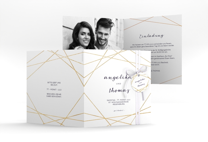 Hochzeitseinladung Asymmetry quadr. Klappkarte weiss gold