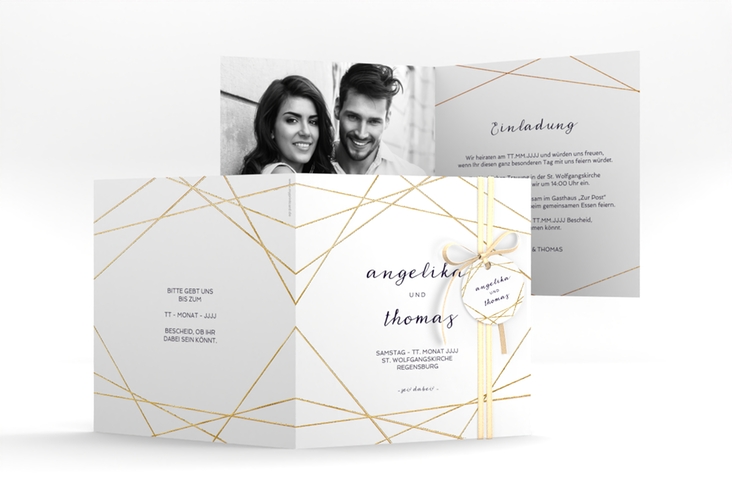 Hochzeitseinladung Asymmetry quadr. Klappkarte weiss gold