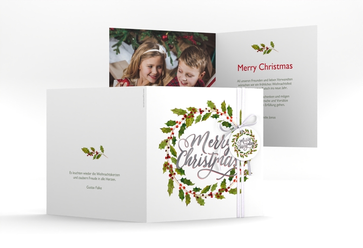 Weihnachtskarte Weihnachtskranz quadr. Klappkarte weiss silber mit Kranz aus Stechpalme