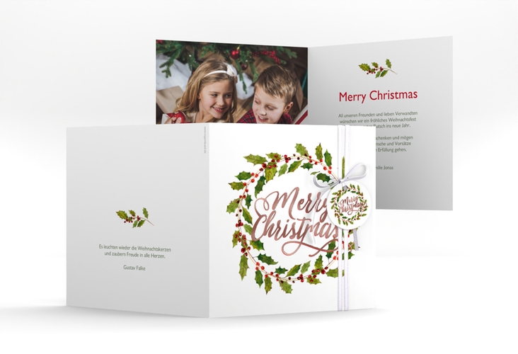 Weihnachtskarte Weihnachtskranz quadr. Klappkarte weiss rosegold mit Kranz aus Stechpalme