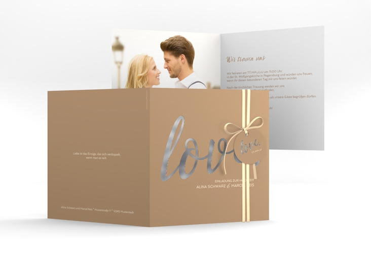 Hochzeitseinladung Glam quadr. Klappkarte beige silber